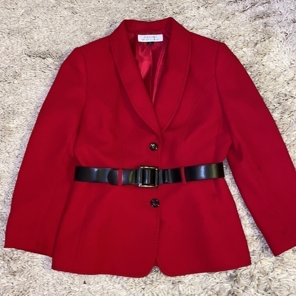 Tahari lipstick red rayon/ polyester blazer with black leather belt.Size 10. - Picture 1 of 10
